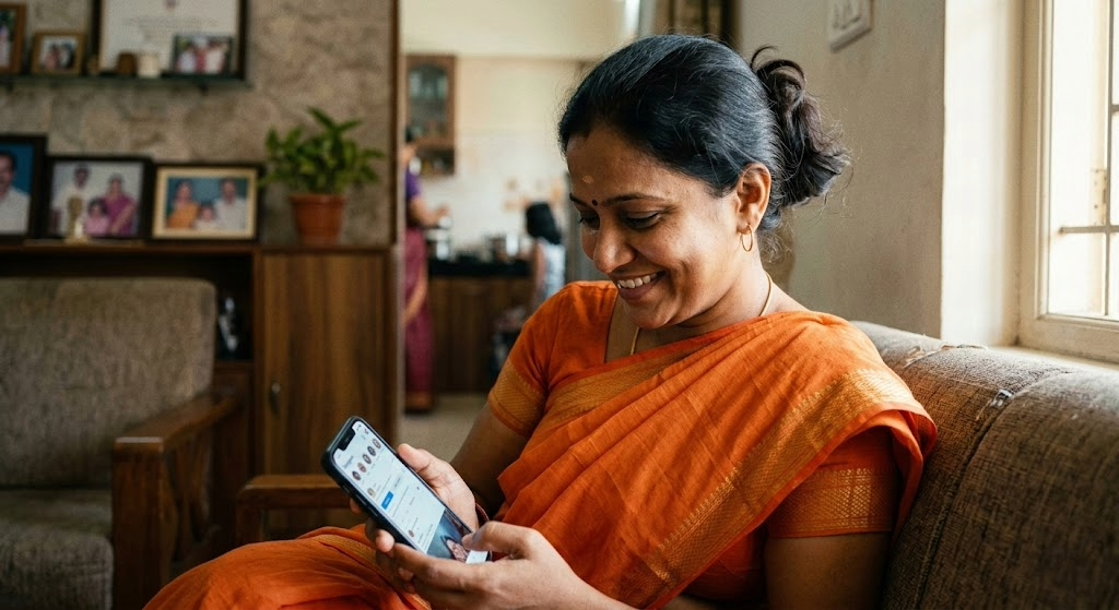 Mum in India receiving money transfer from her son in New Zealand. She is now smiling at his facebook page
